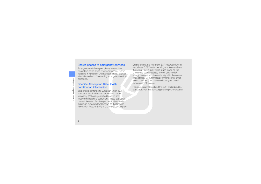 Samsung GT-S8003KKAITO manual Ensure access to emergency services, Specific Absorption Rate SAR certification information 