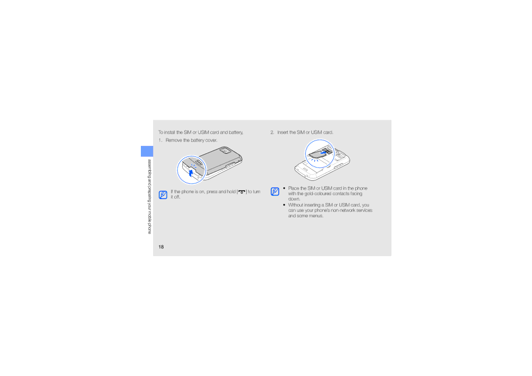 Samsung GT-S8003WDXJED, GT-S8003BDAKEN, GT-S8003HKXJED, GT-S8003JGAMID manual Assembling and preparing your mobile phone 