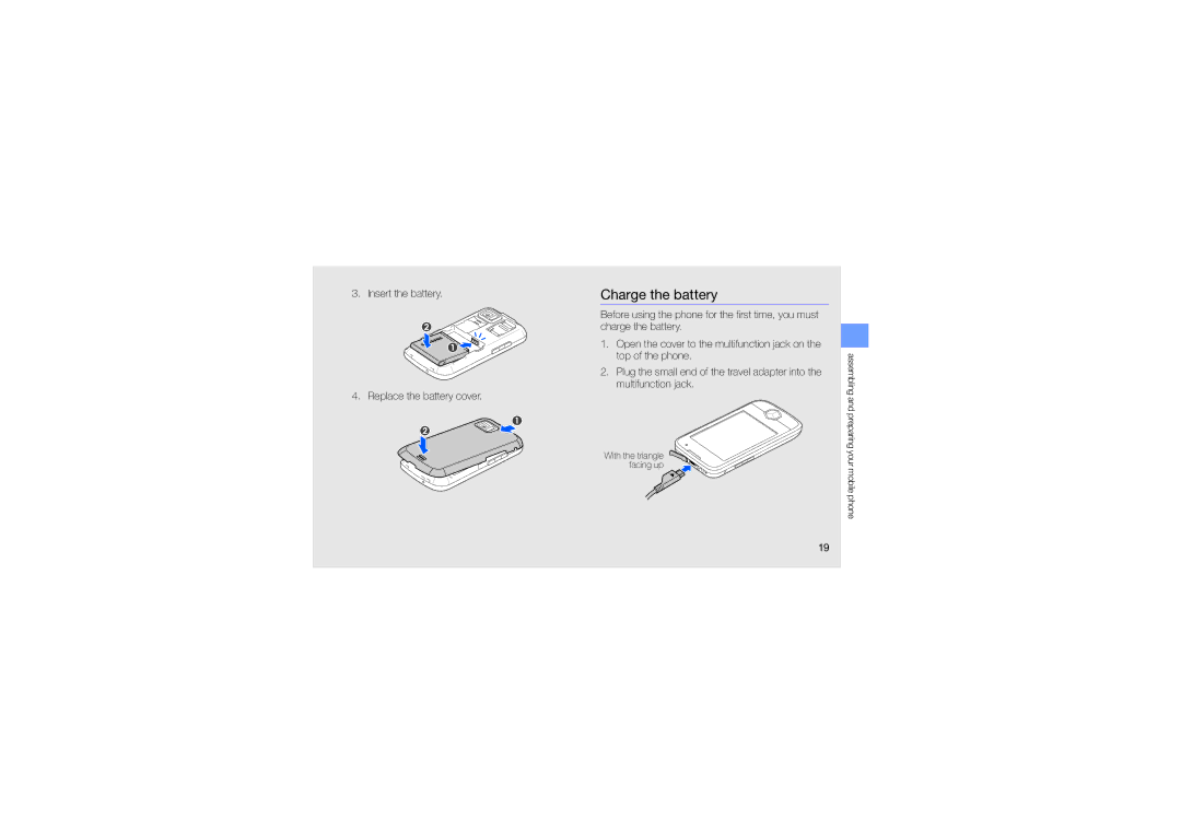 Samsung GT-S8003BDAMMC, GT-S8003BDAKEN, GT-S8003HKXJED Charge the battery, Insert the battery Replace the battery cover 