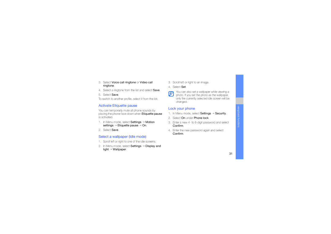 Samsung GT-S8003PIXXSG, GT-S8003BDAKEN manual Activate Etiquette pause, Select a wallpaper Idle mode, Lock your phone 