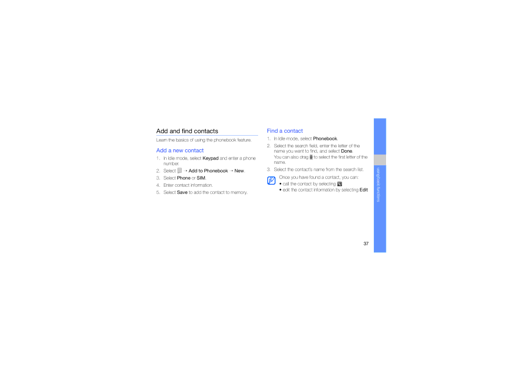 Samsung GT-S8003BDAMID manual Add and find contacts, Add a new contact, Find a contact, Idle mode, select Phonebook 