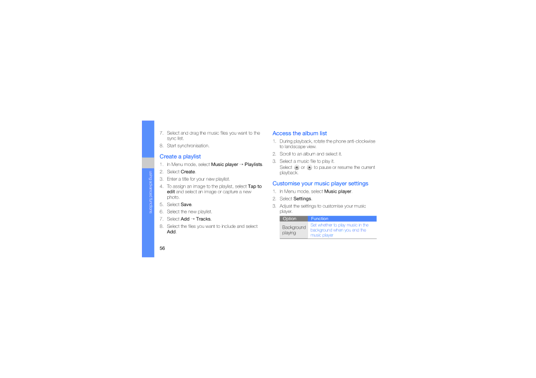 Samsung GT-S8003UVXJED, GT-S8003BDAKEN manual Create a playlist, Access the album list, Customise your music player settings 
