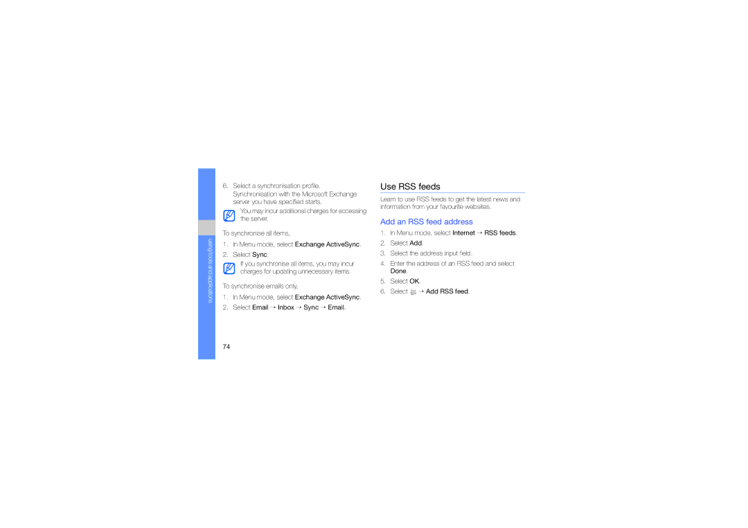 Samsung GT-S8003TKDXSG, GT-S8003BDAKEN, GT-S8003HKXJED, GT-S8003JGAMID, GT-S8003KKAARB Use RSS feeds, Add an RSS feed address 