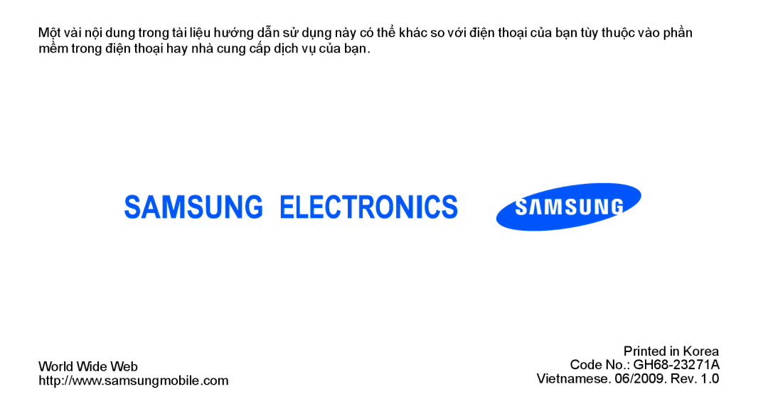 Samsung GT-S8003UVAXEV, GT-S8003KKEXXV, GT-S8003HKAXEV, GT-S8003OWEXEV, GT-S8003UVEXEV manual Vietnamese /2009. Rev 