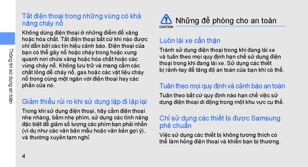 Samsung GT-S8003TKEXEV, GT-S8003KKEXXV, GT-S8003UVAXEV, GT-S8003HKAXEV, GT-S8003OWEXEV manual Những đề phòng cho an toàn 
