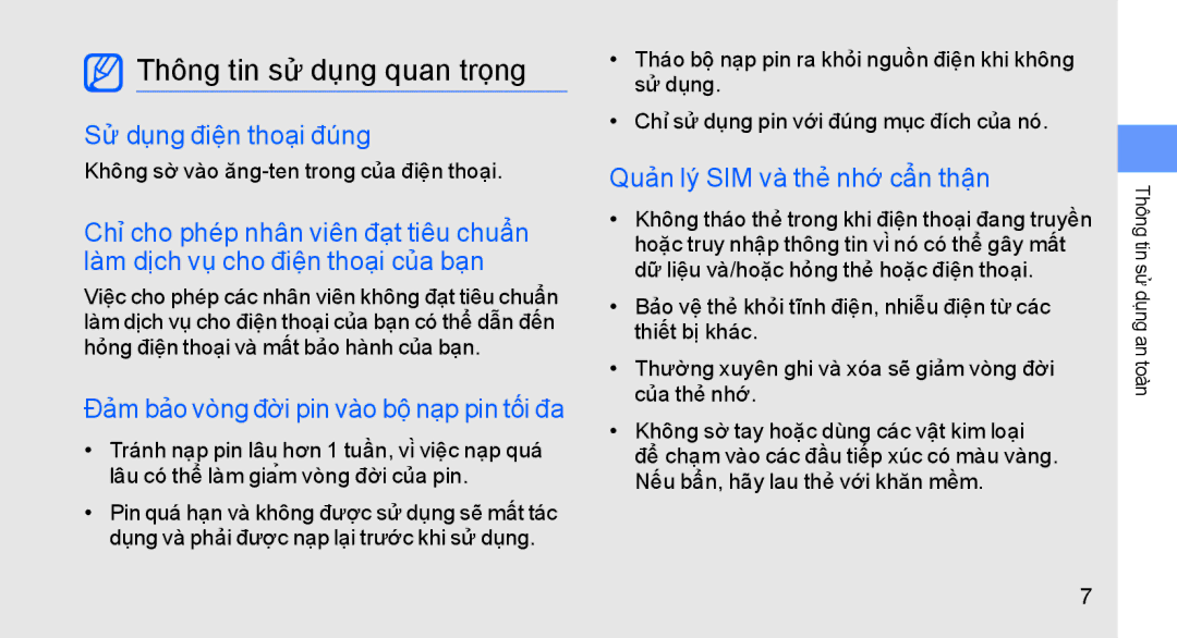 Samsung GT-S8003PNEXXV manual Thông tin sử dụng quan trọng, Sử dụng điện thoại đúng, Quản lý SIM và thẻ nhớ cẩn thận 