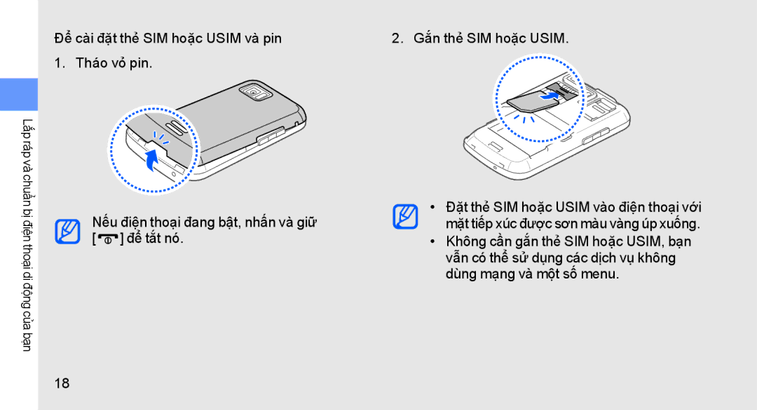 Samsung GT-S8003RBEXEV, GT-S8003KKEXXV, GT-S8003UVAXEV, GT-S8003HKAXEV manual Lắp ráp và chuẩn bị điện thoại di động của bạn 