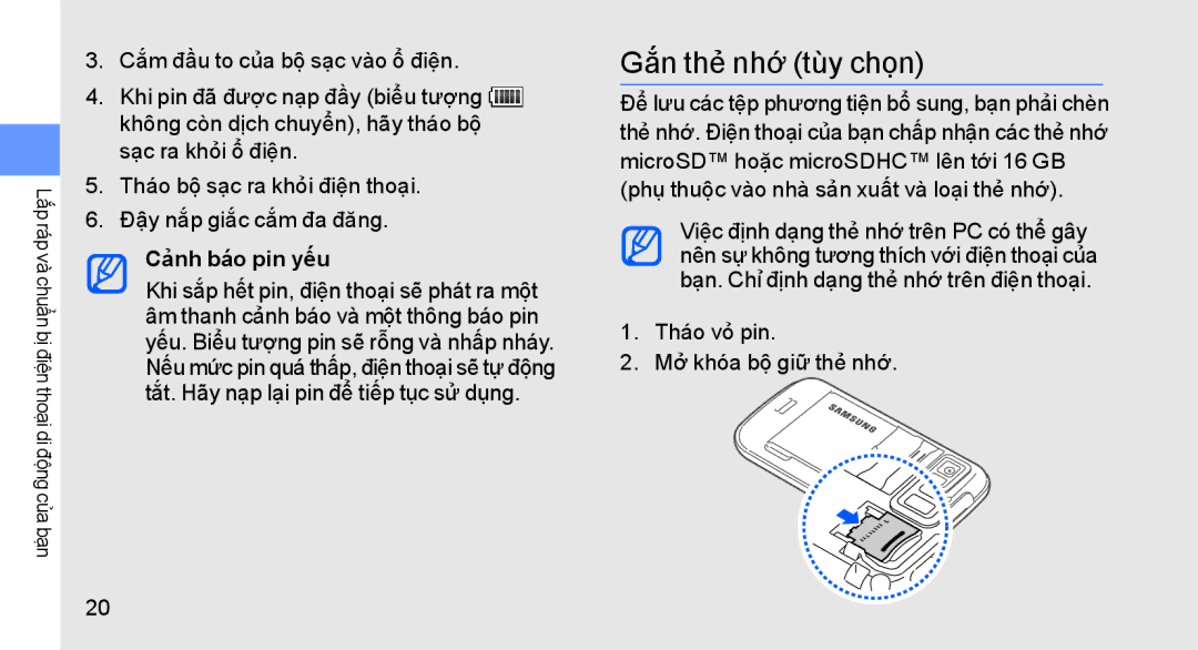 Samsung GT-S8003OWAXEV, GT-S8003KKEXXV manual Gắn thẻ nhớ tùy chọn, Cảnh báo pin yếu, Tháo vỏ pin Mở khóa bộ giữ thẻ nhớ 