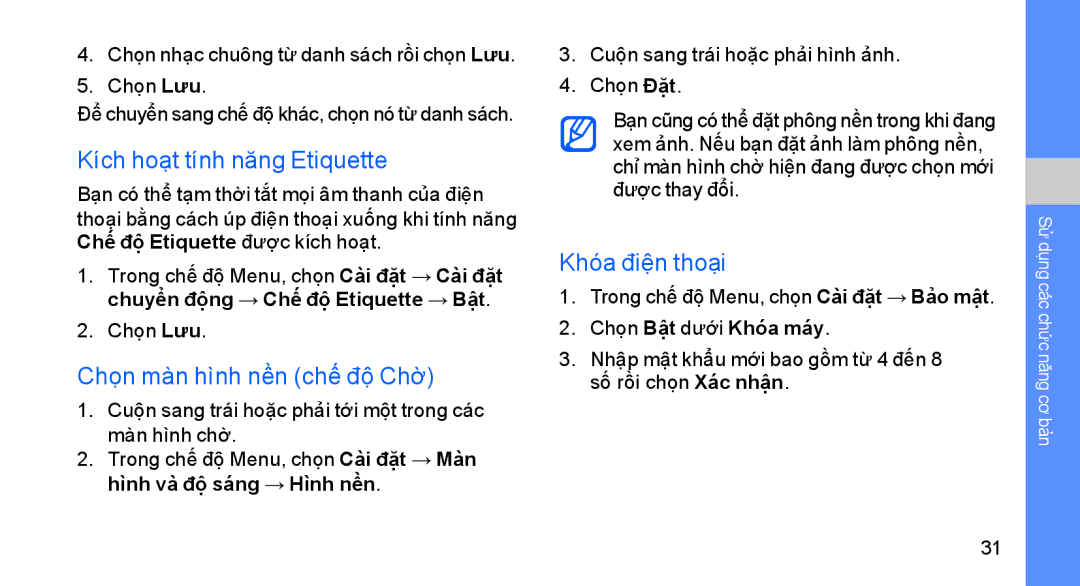 Samsung GT-S8003KKEXXV, GT-S8003UVAXEV manual Kích hoạt tính năng Etiquette, Chọn màn hình nền chế độ Chờ, Khóa điện thoại 