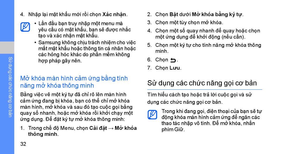 Samsung GT-S8003UVAXEV manual Sử dụng các chức năng gọi cơ bản, Mở khóa màn hình cảm ứng bằng tính năng mở khóa thông minh 