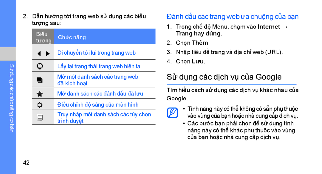 Samsung GT-S8003TKEXEV, GT-S8003KKEXXV manual Sử dụng các dịch vụ của Google, Đánh dấu các trang web ưa chuộng của bạn 