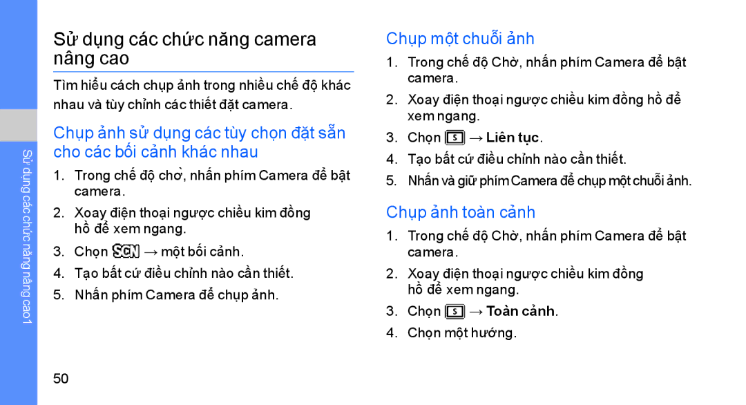 Samsung GT-S8003KKEXXV, GT-S8003UVAXEV manual Sử dụng các chức năng camera nâng cao, Chụp một chuỗi ảnh, Chụp ảnh toàn cảnh 