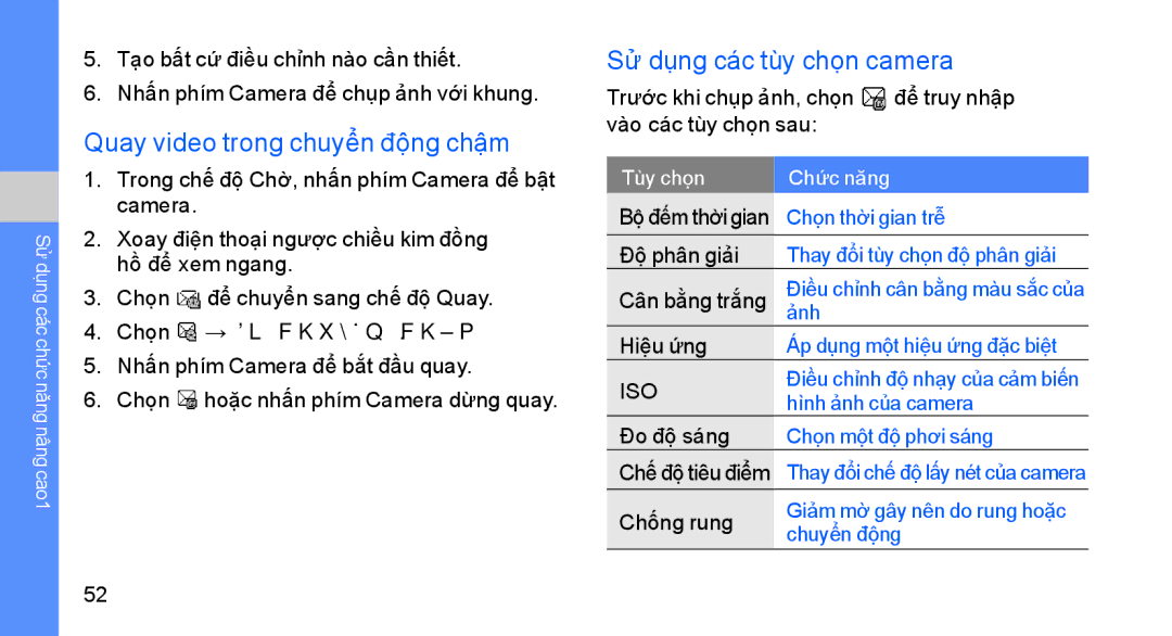 Samsung GT-S8003HKAXEV manual Quay video trong chuyển động chậm, Sử dụng các tùy chọn camera, Chọn → Di chuyển chậm 