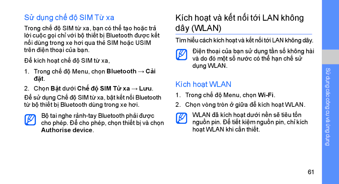 Samsung GT-S8003TKEXEV manual Kích hoạt và kết nối tới LAN không dây Wlan, Sử dụng chế độ SIM Từ xa, Kích hoạt Wlan 