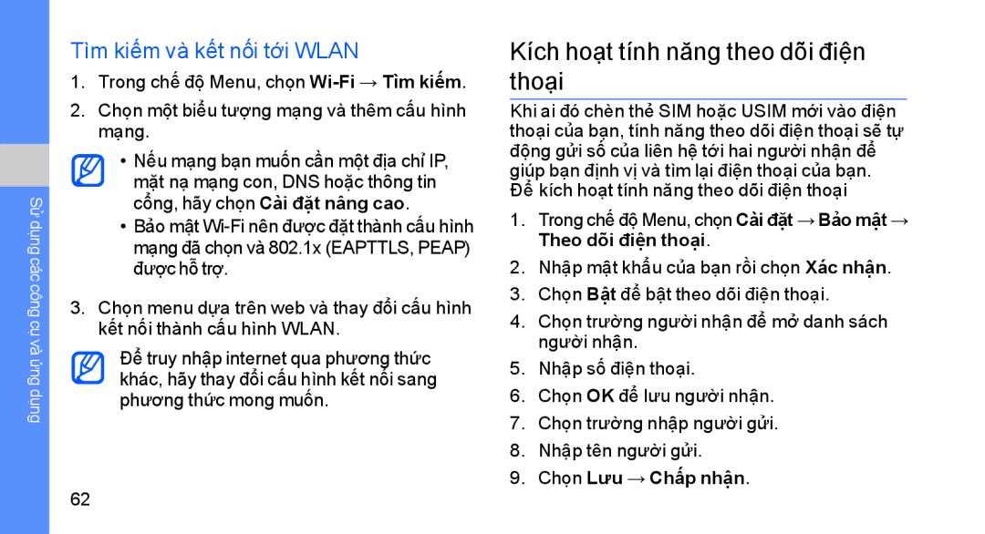 Samsung GT-S8003LPEXEV manual Kích hoạt tính năng theo dõi điện thoại, Tìm kiếm và kết nối tới Wlan, Chọn Lưu → Chấp nhận 