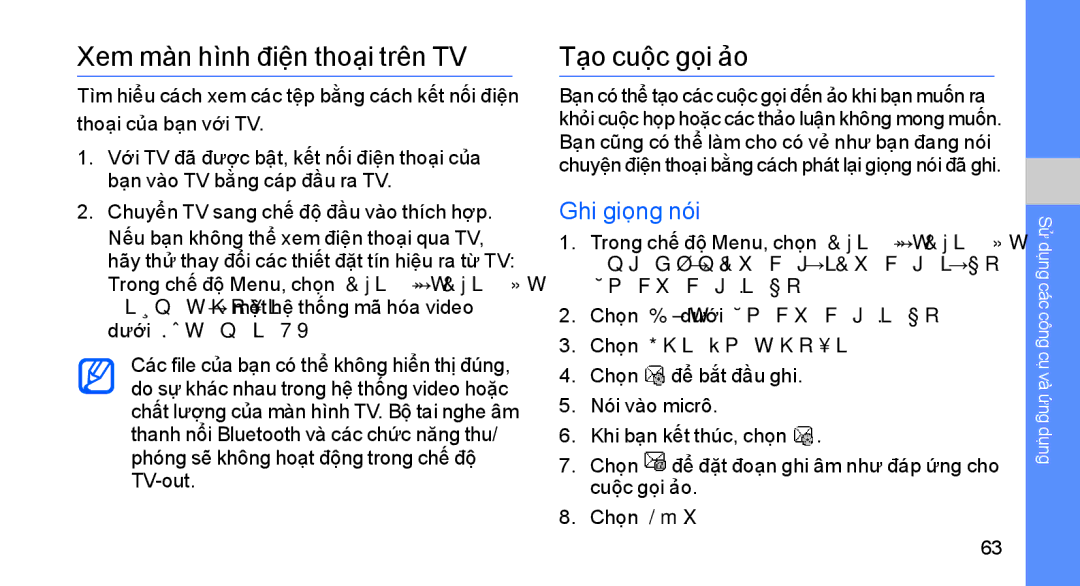 Samsung GT-S8003PNAXEV, GT-S8003KKEXXV, GT-S8003UVAXEV manual Xem màn hình điện thoại trên TV, Tạo cuộc gọi ảo, Ghi giọng nói 