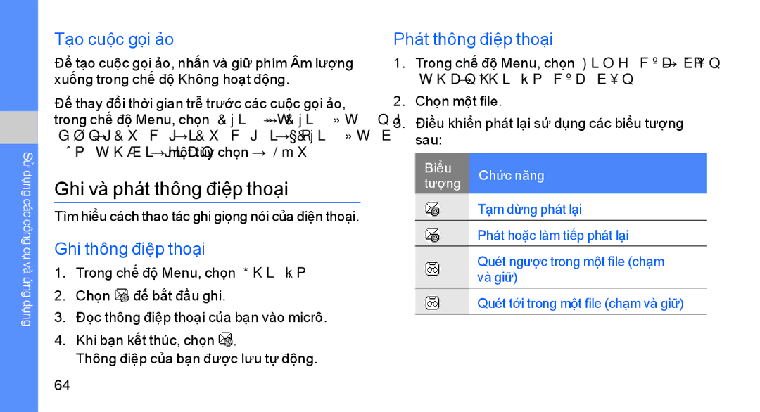 Samsung GT-S8003PNEXXV manual Ghi và phát thông điệp thoại, Tạo cuộc gọi ảo, Ghi thông điệp thoại, Phát thông điệp thoại 