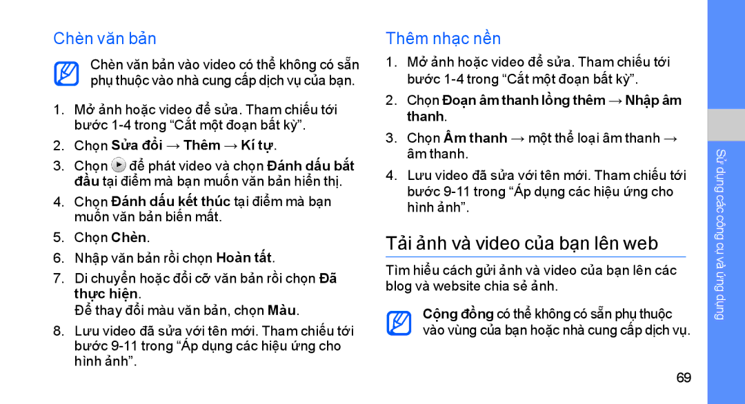 Samsung GT-S8003KKEXXV manual Tải ảnh và video của bạn lên web, Chèn văn bản, Thêm nhạc nền, Chọn Sửa đổi → Thêm → Kí tự 