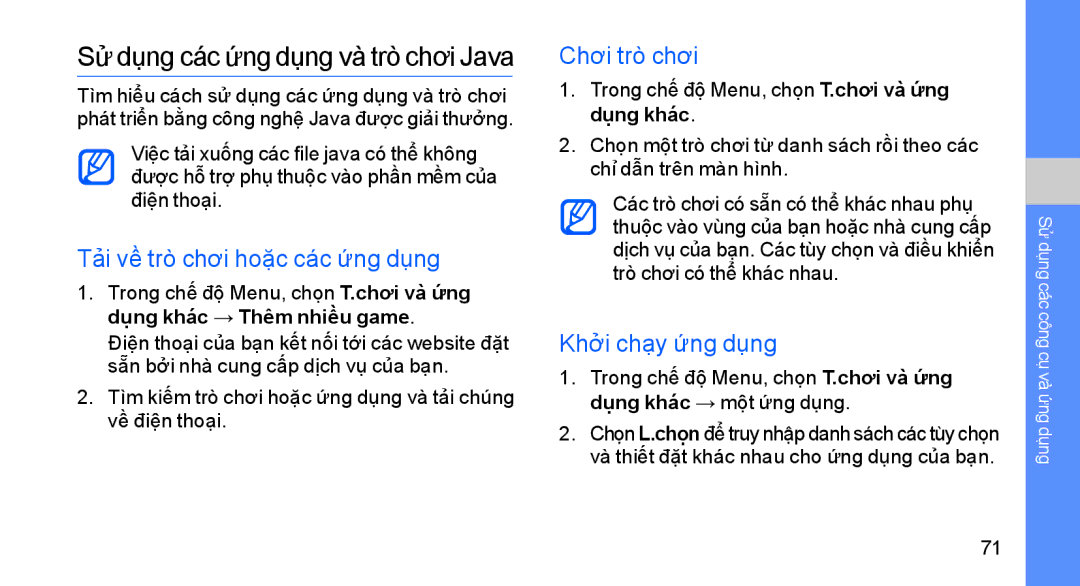 Samsung GT-S8003HKAXEV manual Sử dụng các ứng dụng và trò chơi Java, Tải về trò chơi hoặc các ứng dụng, Chơi trò chơi 