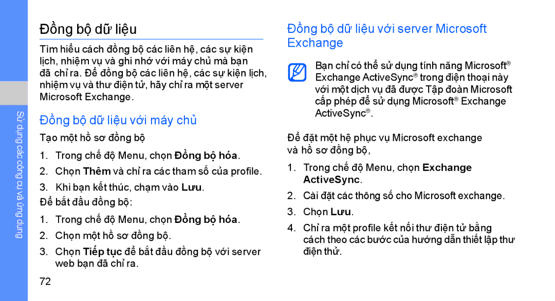 Samsung GT-S8003OWEXEV, GT-S8003KKEXXV manual Đồng bộ dữ liệu với máy chủ, Đồng bộ dữ liệu với server Microsoft Exchange 
