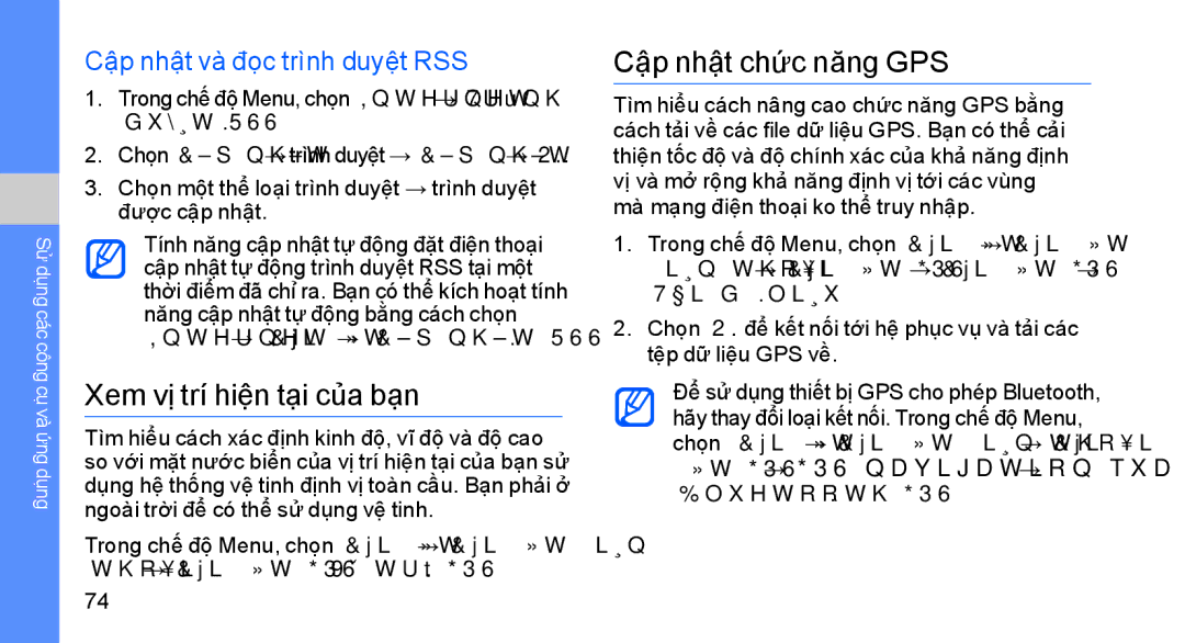 Samsung GT-S8003LPEXXV manual Xem vị trí hiện tại của bạn, Cập nhật chức năng GPS, Cập nhật và đọc trình duyệt RSS 