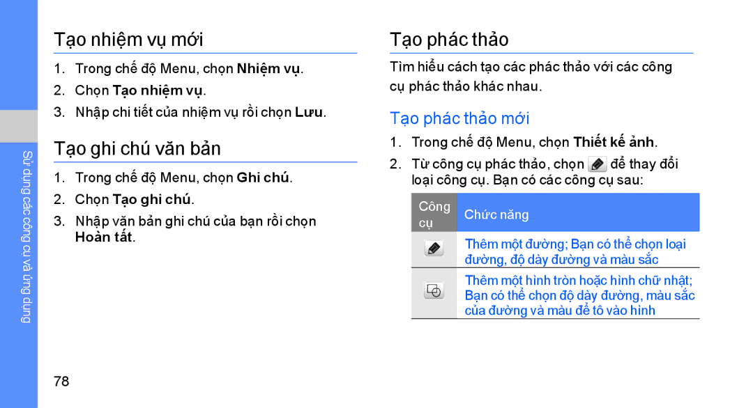Samsung GT-S8003PNEXEV, GT-S8003KKEXXV, GT-S8003UVAXEV manual Tạo nhiệm vụ mới, Tạo ghi chú văn bản, Tạo phác thảo mới 