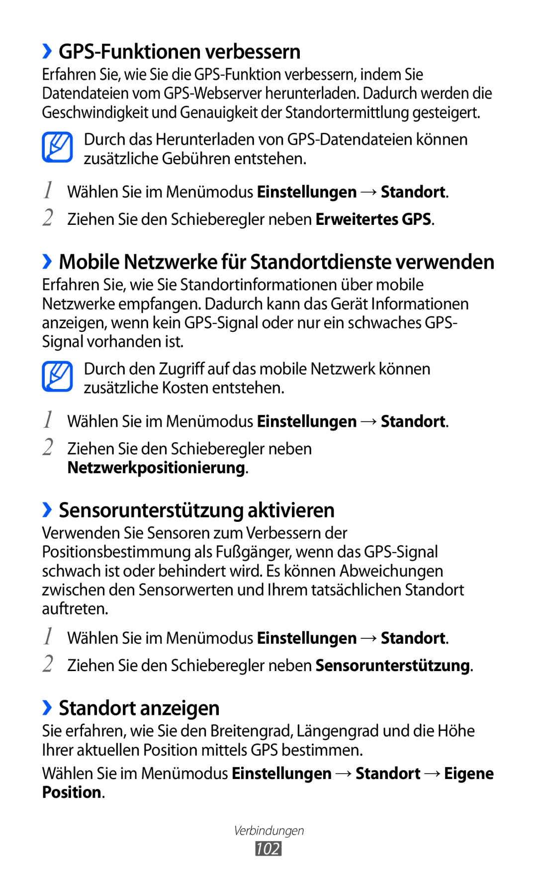 Samsung GT-S8500ISAVIA manual ››GPS-Funktionen verbessern, ››Sensorunterstützung aktivieren, ››Standort anzeigen, 102 