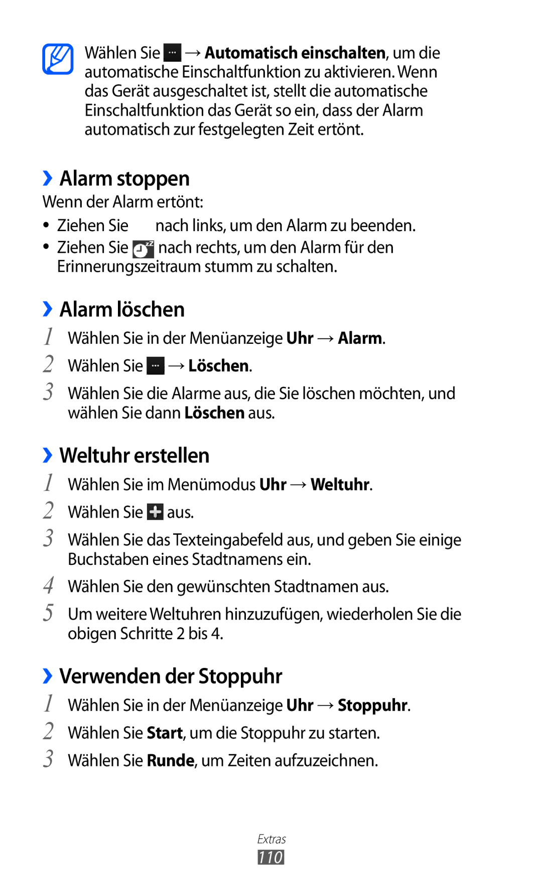 Samsung GT-S8500BAIVD2 manual ››Alarm stoppen, ››Alarm löschen, ››Weltuhr erstellen, ››Verwenden der Stoppuhr, 110 