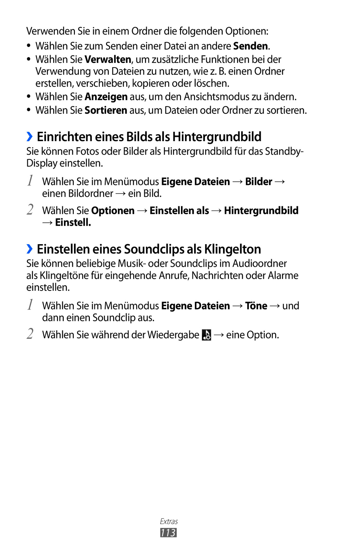 Samsung GT-S8500BAADTO ››Einrichten eines Bilds als Hintergrundbild, ››Einstellen eines Soundclips als Klingelton, 113 