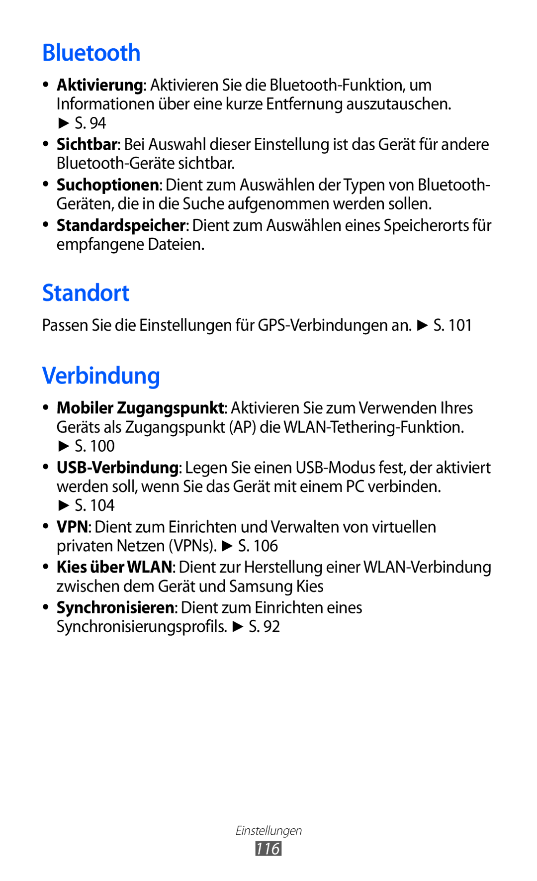 Samsung GT-S8500BAADBT, GT-S8500BAAEPL, GT-S8500BAADTM, GT-S8500HKADBT, GT-S8500GAADBT manual Standort, Verbindung, 116 