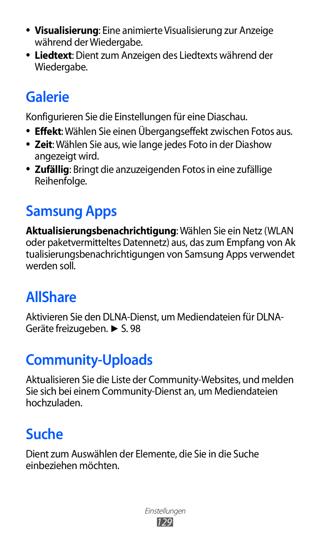 Samsung GT-S8500HKAXEO manual Community-Uploads, Suche, Konfigurieren Sie die Einstellungen für eine Diaschau, 129 