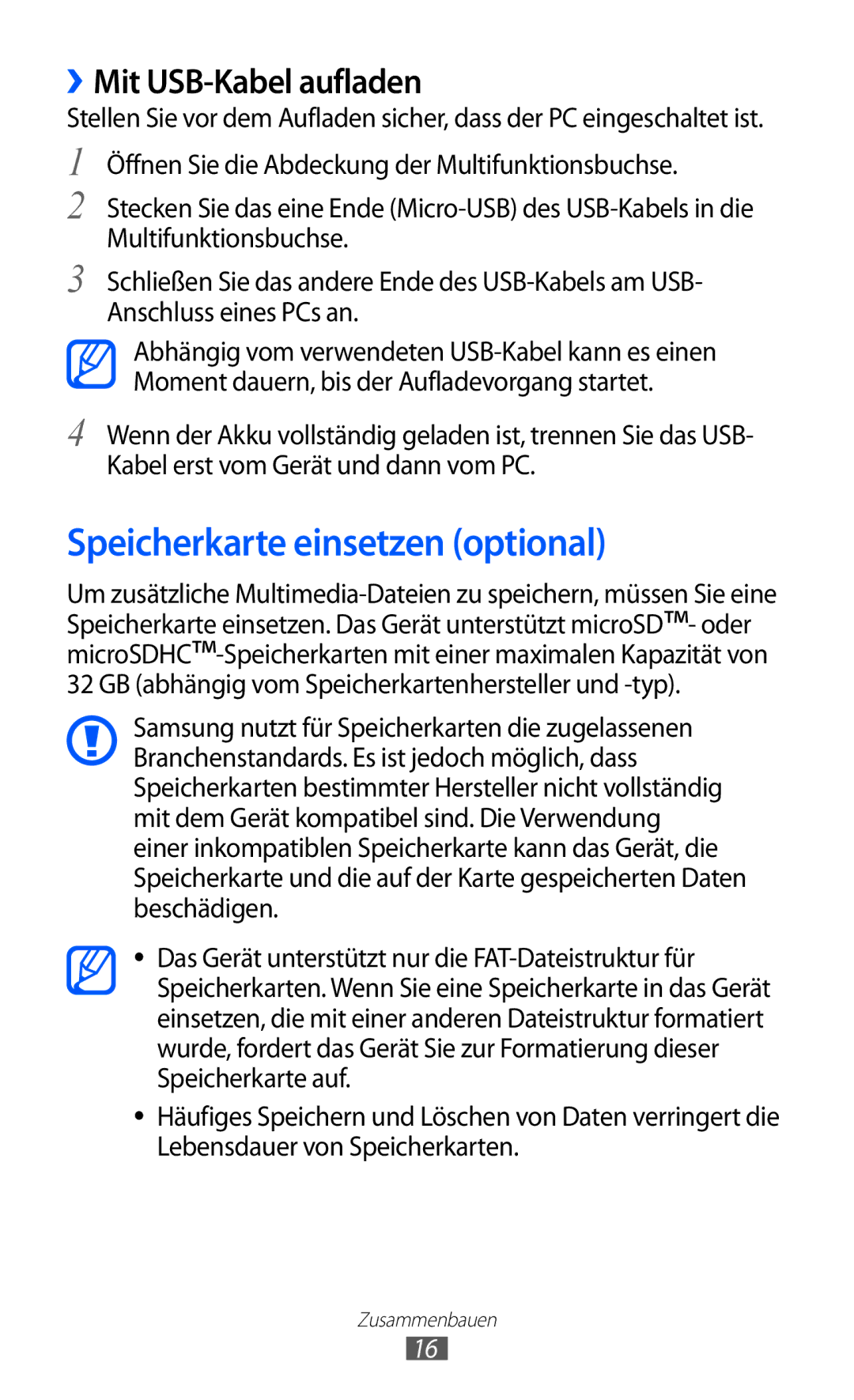 Samsung GT-S8500BAADTM, GT-S8500BAAEPL, GT-S8500HKADBT manual Speicherkarte einsetzen optional, ››Mit USB-Kabel aufladen 