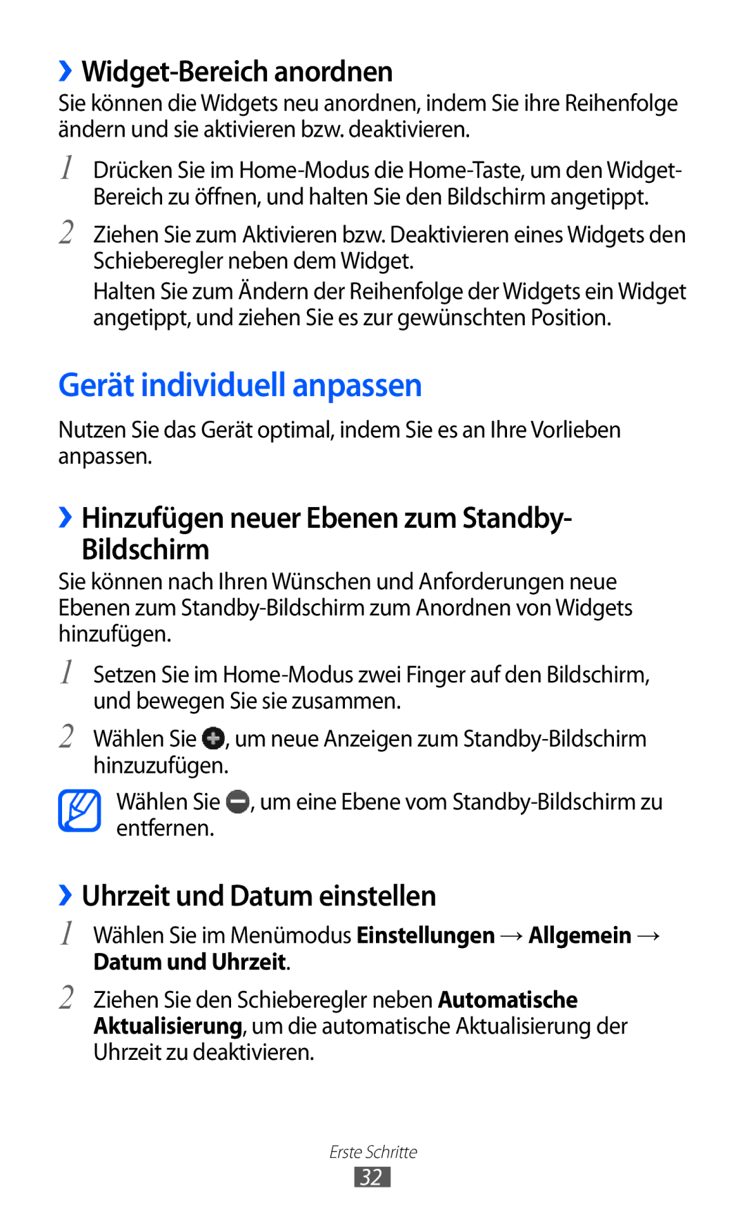 Samsung GT-S8500HKADBT manual Gerät individuell anpassen, ››Widget-Bereich anordnen, ››Uhrzeit und Datum einstellen 