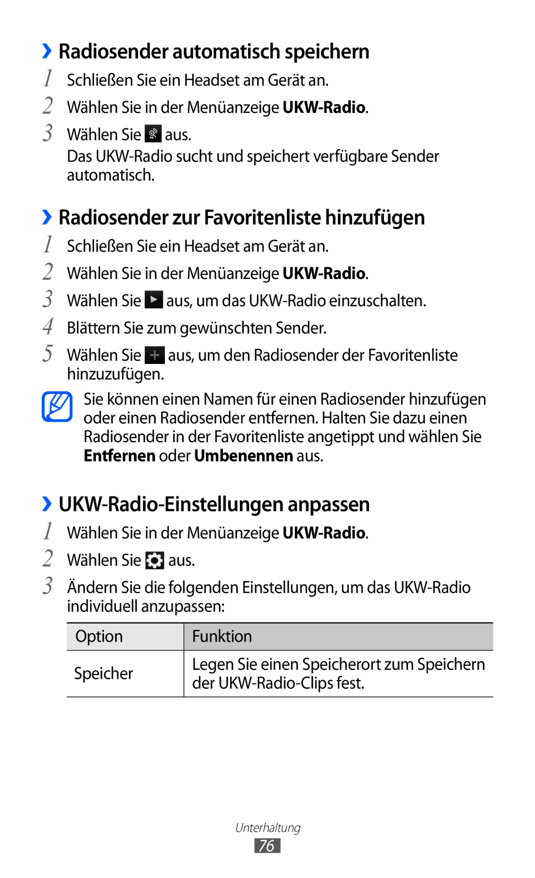 Samsung GT-S8500BAADTM, GT-S8500BAAEPL ››Radiosender automatisch speichern, ››Radiosender zur Favoritenliste hinzufügen 