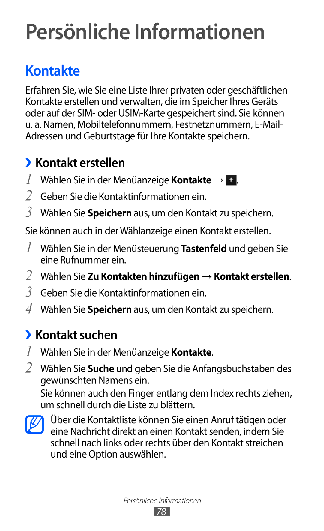 Samsung GT-S8500GAADBT, GT-S8500BAAEPL, GT-S8500BAADTM, GT-S8500HKADBT manual Kontakte, ››Kontakt erstellen, ››Kontakt suchen 
