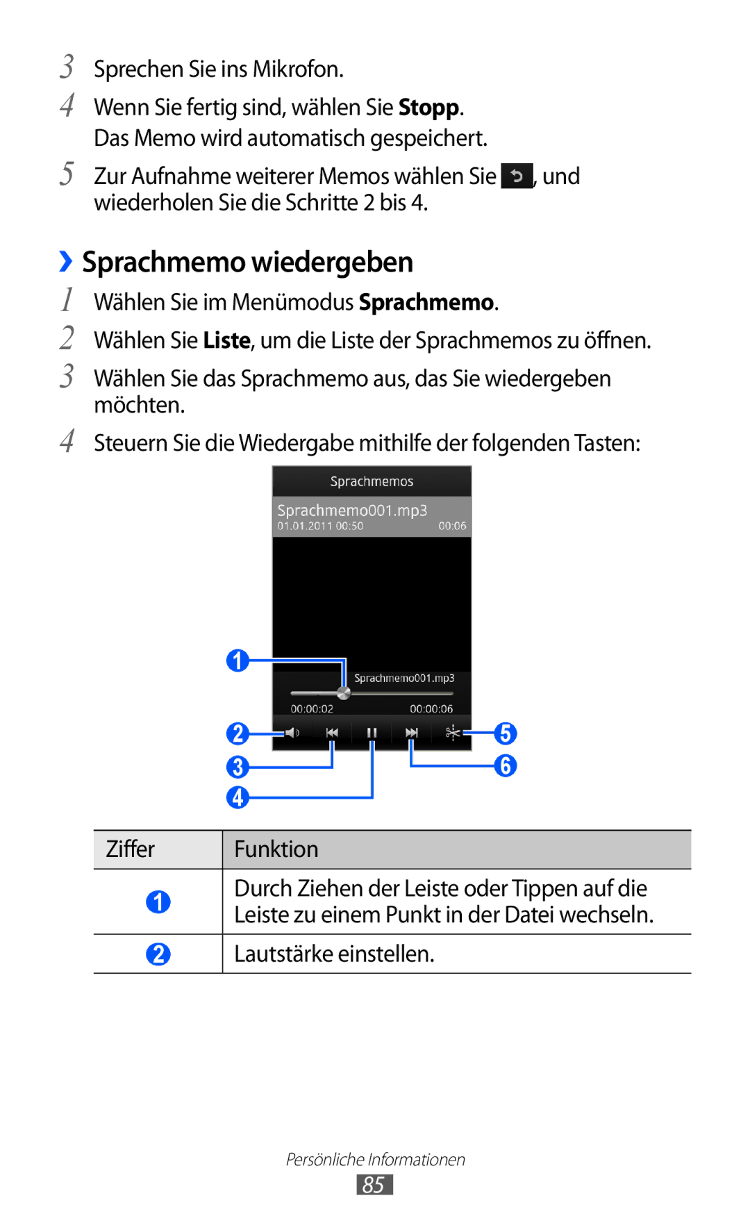 Samsung GT-S8500BAAVIA, GT-S8500BAAEPL, GT-S8500BAADTM, GT-S8500HKADBT ››Sprachmemo wiedergeben, Sprechen Sie ins Mikrofon 