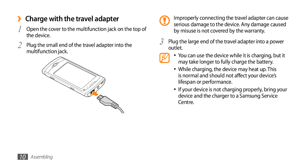 Samsung GT-S8500BAAVIA, GT-S8500BAAEPL manual ›› Charge with the travel adapter, Device, Multifunction jack, Outlet 