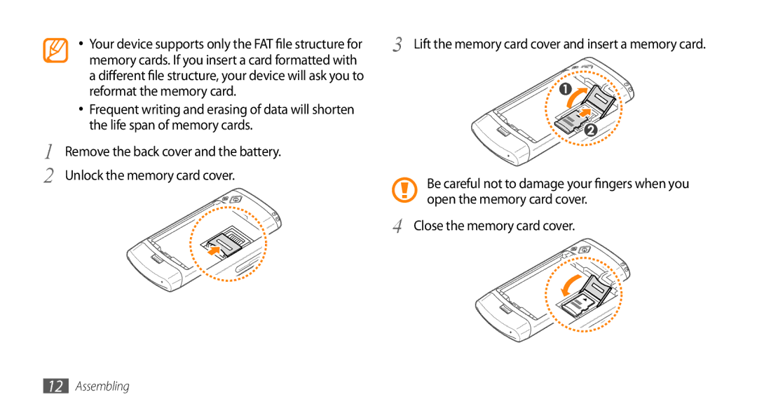 Samsung GT-S8500ISAVIA, GT-S8500BAAEPL, GT-S8500BAADTM, GT-S8500HKADBT Lift the memory card cover and insert a memory card 