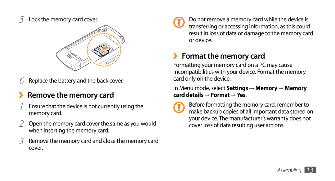 Samsung GT-S8500HKAVD2 ›› Remove the memory card, ›› Format the memory card, Memory card, When inserting the memory card 