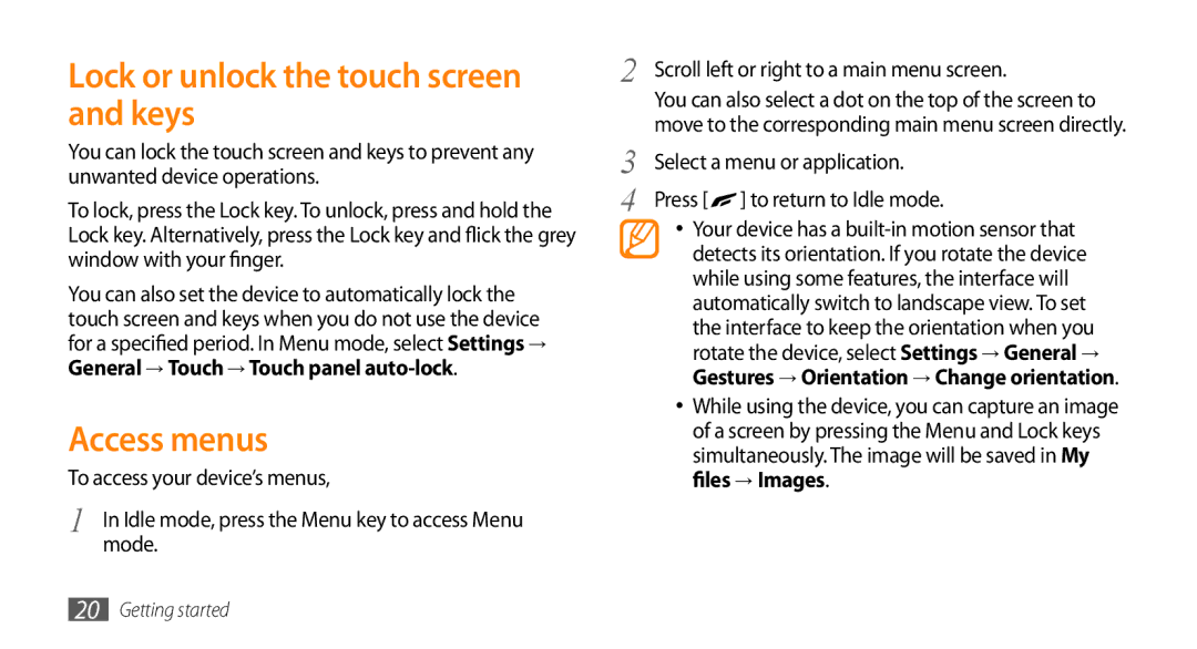 Samsung GT-S8500BAAXXV, GT-S8500BAAEPL, GT-S8500BAADTM manual Lock or unlock the touch screen and keys, Access menus 