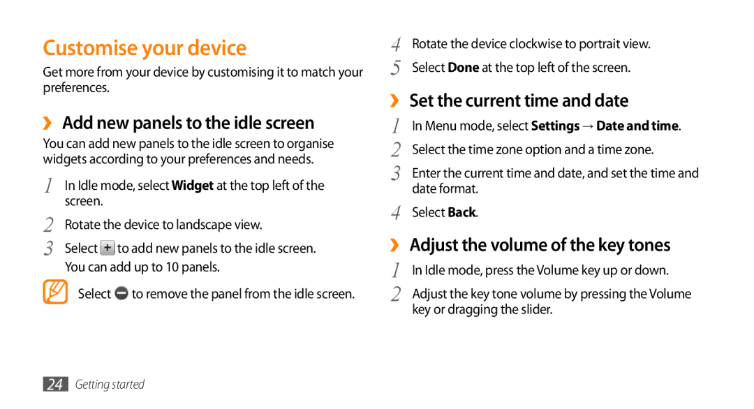 Samsung GT-S8500HKADBT manual Customise your device, ›› Add new panels to the idle screen, ›› Set the current time and date 