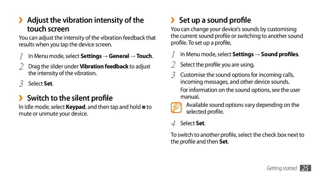 Samsung GT-S8500GAADBT, GT-S8500BAAEPL ›› Adjust the vibration intensity Touch screen, ›› Switch to the silent profile 