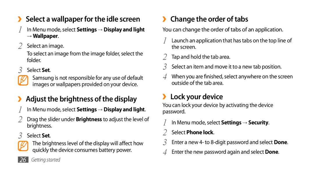 Samsung GT-S8500HKAVIA manual ›› Adjust the brightness of the display, ›› Change the order of tabs, ›› Lock your device 