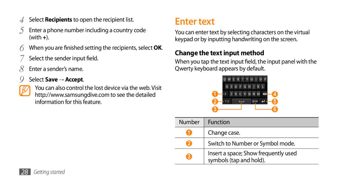 Samsung GT-S8500BAAVD2 manual Enter text, Select Save → Accept, Number Function Change case Switch to Number or Symbol mode 