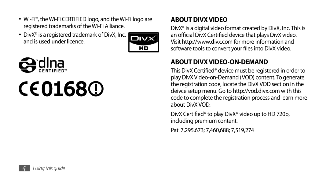 Samsung GT-S8500HKAVIA, GT-S8500BAAEPL, GT-S8500BAADTM, GT-S8500HKADBT manual About Divx Video About Divx VIDEO-ON-DEMAND 