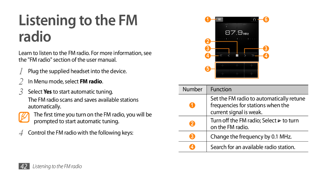 Samsung GT-S8500BAAXXV, GT-S8500BAAEPL, GT-S8500BAADTM, GT-S8500HKADBT, GT-S8500GAADBT manual Listening to the FM radio 