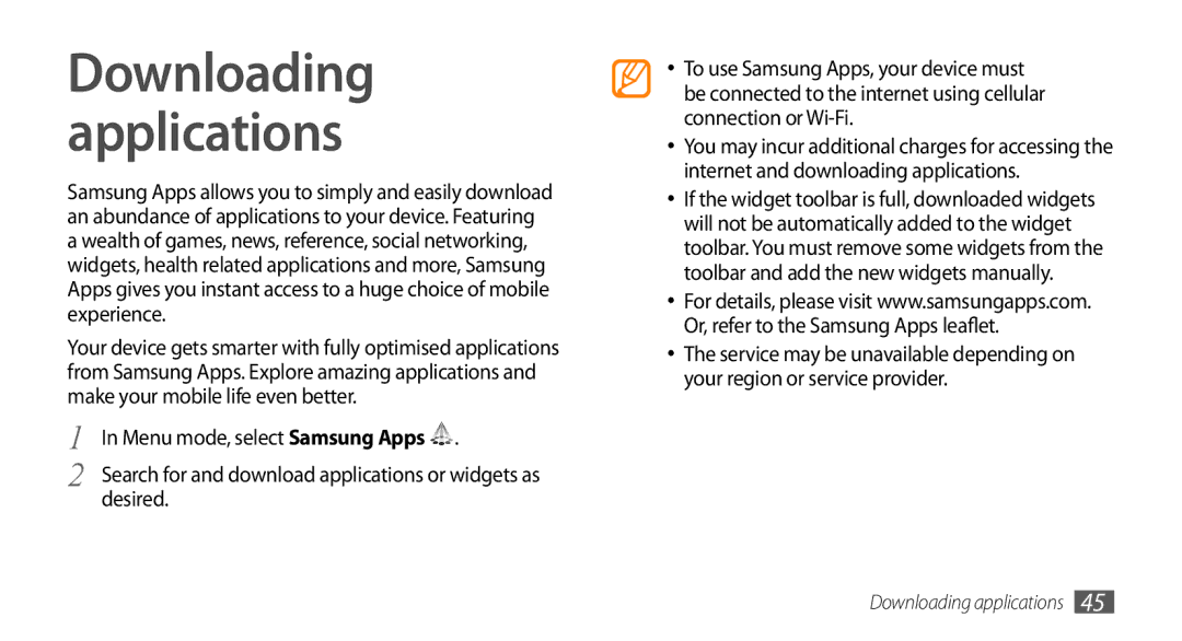 Samsung GT-S8500BAADTM, GT-S8500BAAEPL, GT-S8500HKADBT, GT-S8500GAADBT manual Menu mode, select Samsung Apps, Desired 