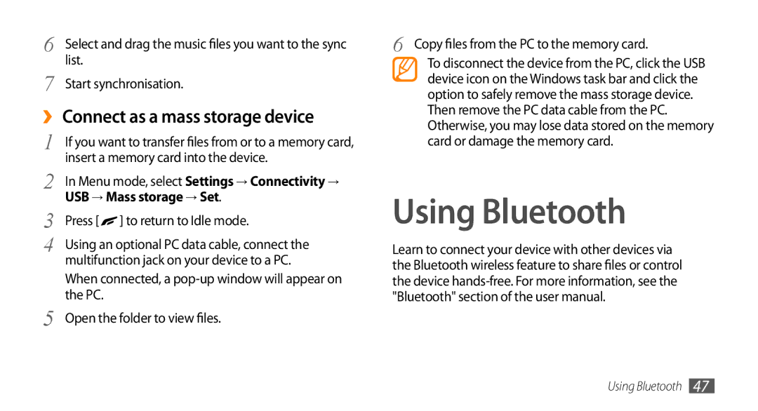 Samsung GT-S8500GAADBT, GT-S8500BAAEPL manual Using Bluetooth, ›› Connect as a mass storage device, USB → Mass storage → Set 