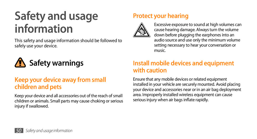 Samsung GT-S8500BAAVD2, GT-S8500BAAEPL manual Protect your hearing, Install mobile devices and equipment with caution 