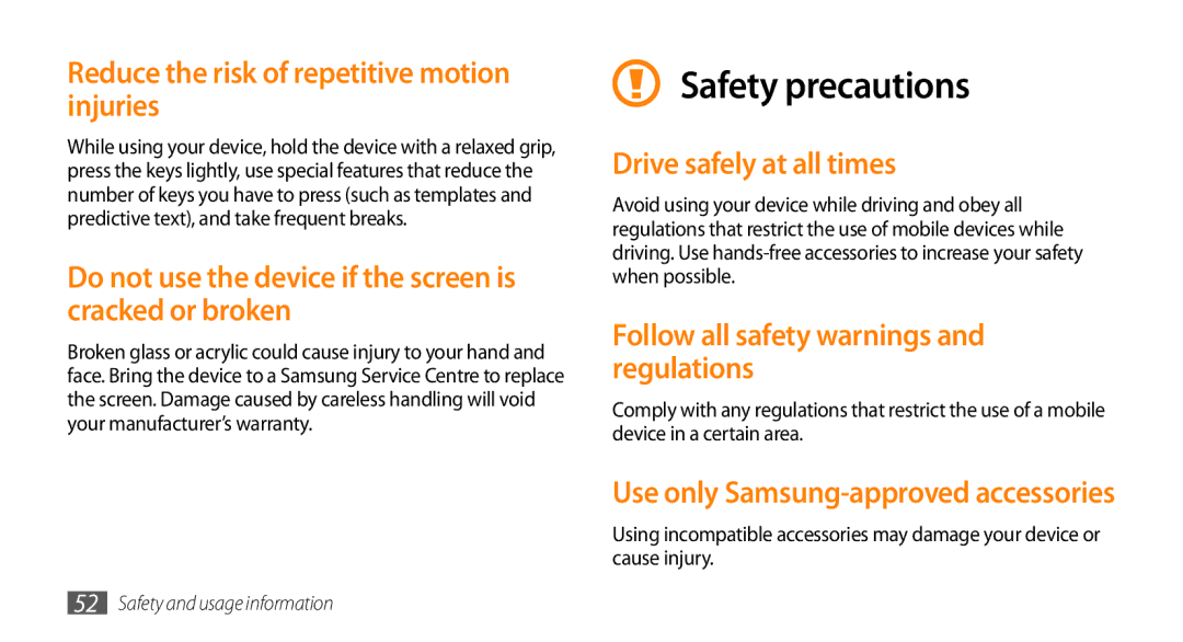 Samsung GT-S8500BAADTO, GT-S8500BAAEPL manual Reduce the risk of repetitive motion injuries, Drive safely at all times 